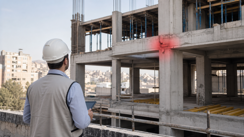 تصویرسازی بازدید ایمن اسکلت بتنی در حال اجرا با تأکید بر کنترل ظاهری اتصال تیر و ستون