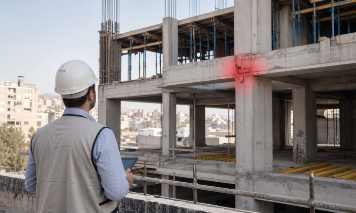 تصویرسازی بازدید ایمن اسکلت بتنی در حال اجرا با تأکید بر کنترل ظاهری اتصال تیر و ستون